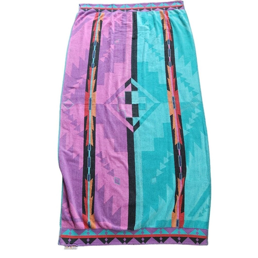 Vintage 80’s Royal Terry Beach Bath Towel Southwest Tribal Turquoise Teal